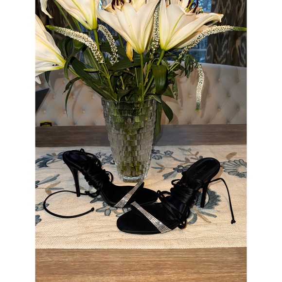 Magda Butrym Black Satin Crystal Embellished Lace Up Stiletto  Heels 39 NWOB - Picture 6 of 13